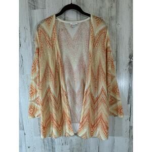 Chicos Cardigan Size 2 Large Orange Yellow Chevron Linen Blend Open Front Ribbed
